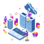 Big data center, server room rack, engineering process, teamwork, computer technology, cloud storage, command work, isometric people vector illustration
