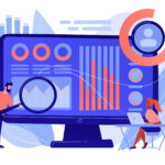 Data analyst oversees and governs income, expenses with magnifier. Financial management system, finance software, IT management tool concept. Pinkish coral bluevector isolated illustration