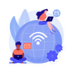 Distance working abstract concept vector illustration. Distance office, working from home, remote job possibility, communication technology, online team meeting, digital nomad abstract metaphor.